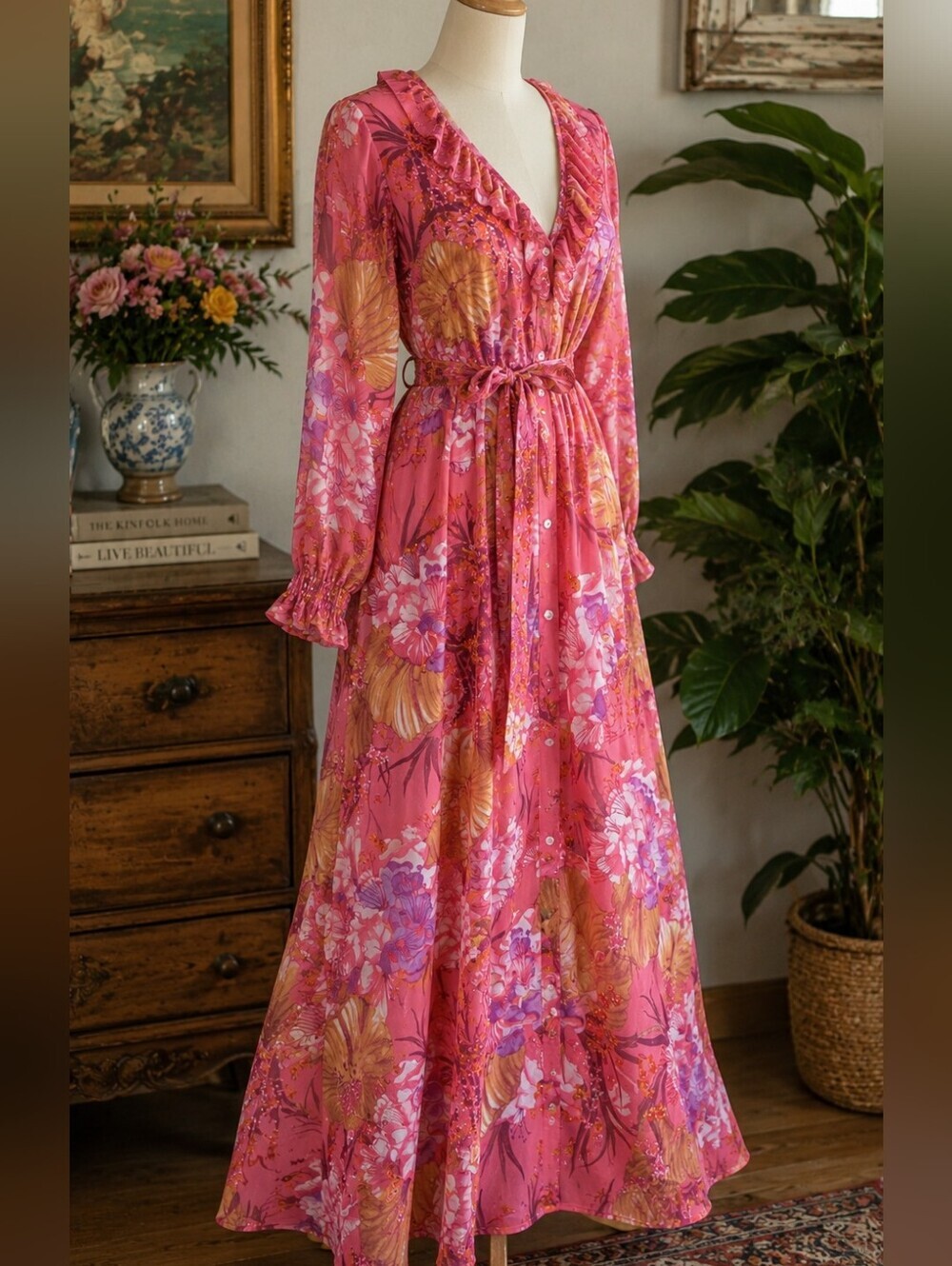Vintage Pink Floral Maxi Duster Dress Boho Button Front - Picture 3 of 10